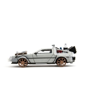 Jada Toys Diecast Model 1/24 Scale Back To The Future III DMC Delorean Time Machine Railroad Wheels