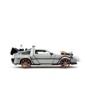 Jada Toys Diecast Model 1/24 Scale Back To The Future III DMC Delorean Time Machine Railroad Wheels