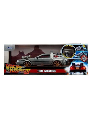 Jada Toys Diecast Model 1/24 Scale Back To The Future III DMC Delorean Time Machine Railroad Wheels
