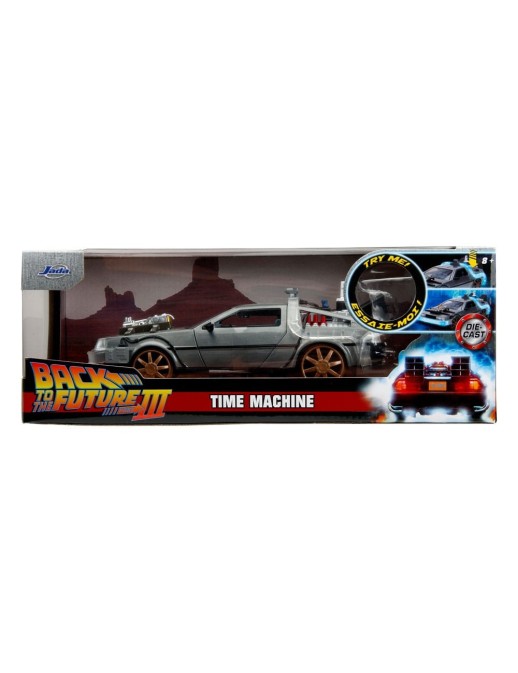 Jada Toys Diecast Model 1/24 Scale Back To The Future III DMC Delorean Time Machine Railroad Wheels