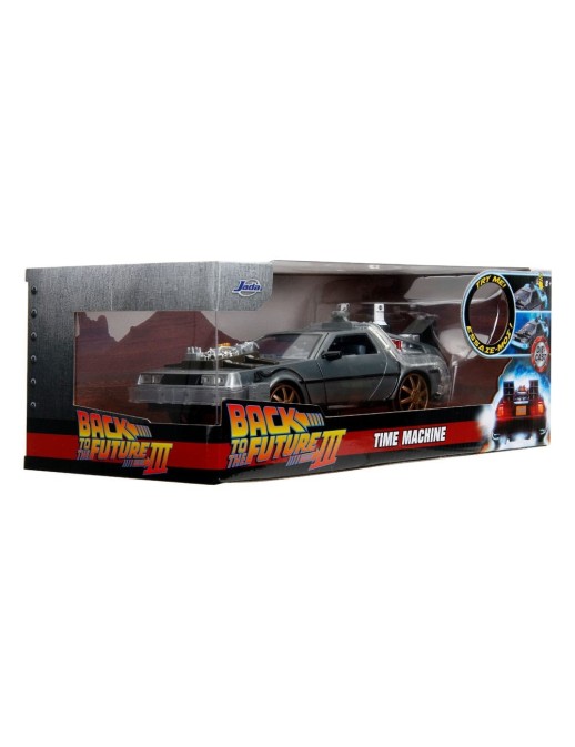Jada Toys Diecast Model 1/24 Scale Back To The Future III DMC Delorean Time Machine Railroad Wheels